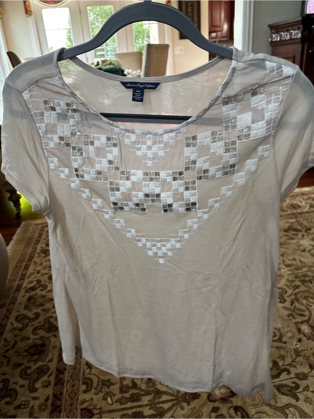 American Eagle Outfitters Cream Short-Sleeve Embroidered Top